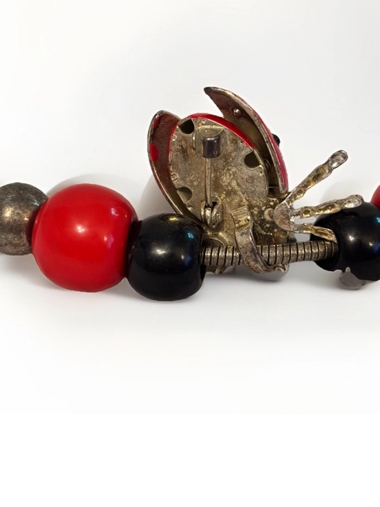 BEST Jewelry Co Silver Tone Necklace Ladybug Black Red Silver Tone Beads Brooch - Picture 4 of 9